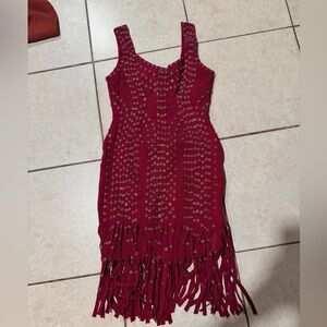 Herve Leger Burgundy Fringe Mini Dress